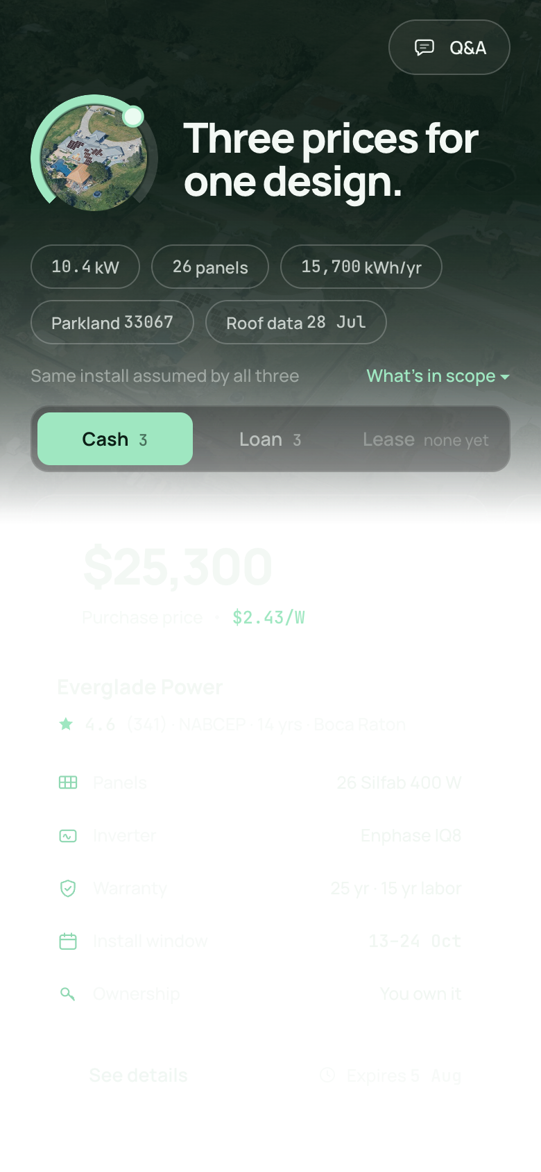 Mobile solar bid comparison showing three installer prices for one system design
